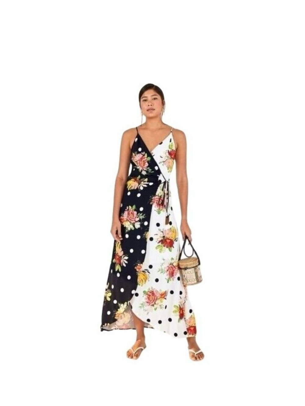 FARM Rio Black & White Split Floral Polka-Dot Wrap Maxi Dress